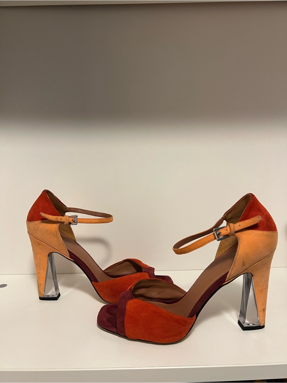 Sigerson Morrison Two-Tone Suede Ankle-Strap Heels in Orange and Burgundy